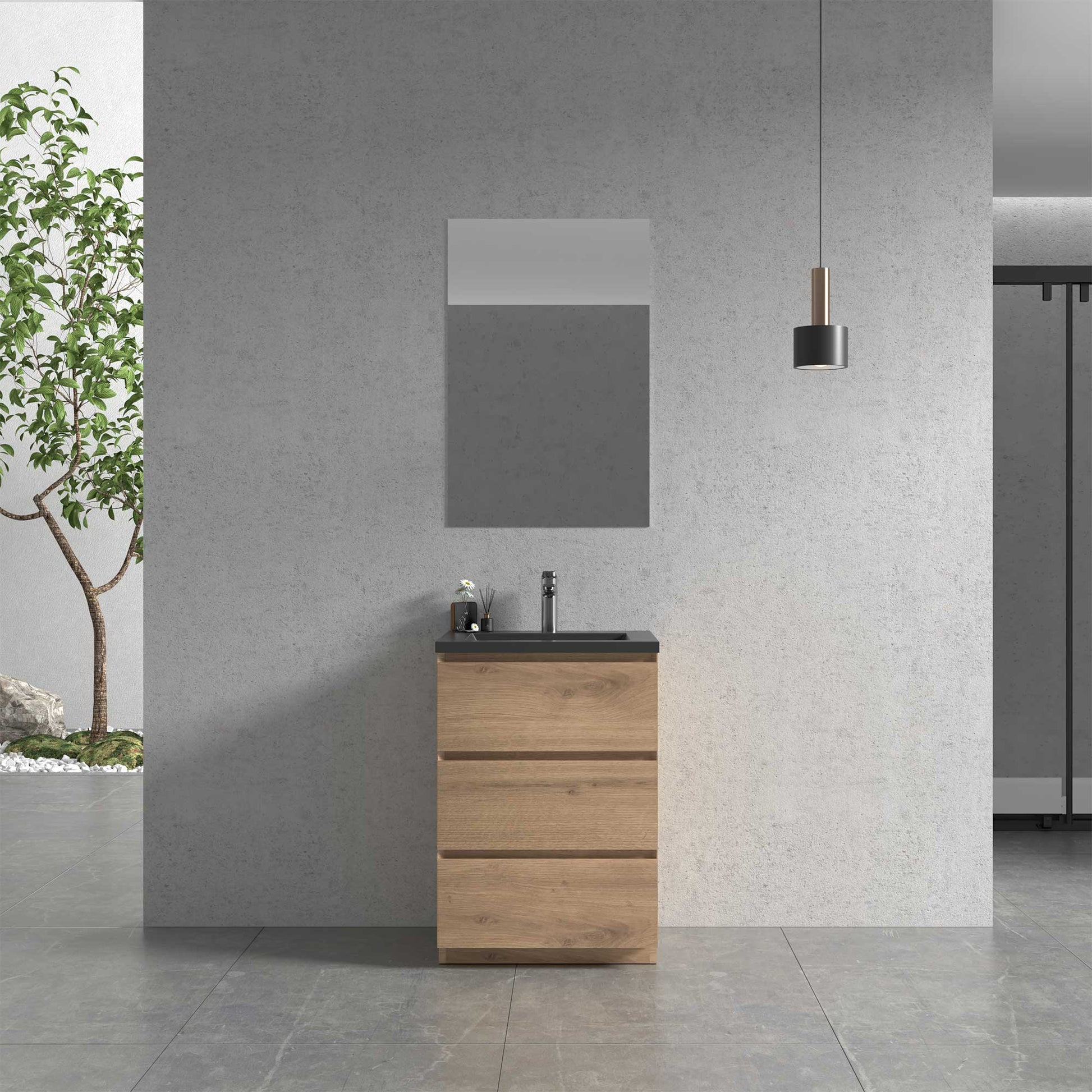 24’’ Freestanding Single Bathroom Vanity in Oak with Black Quartz Integrated Sink - Bathroom Vanities