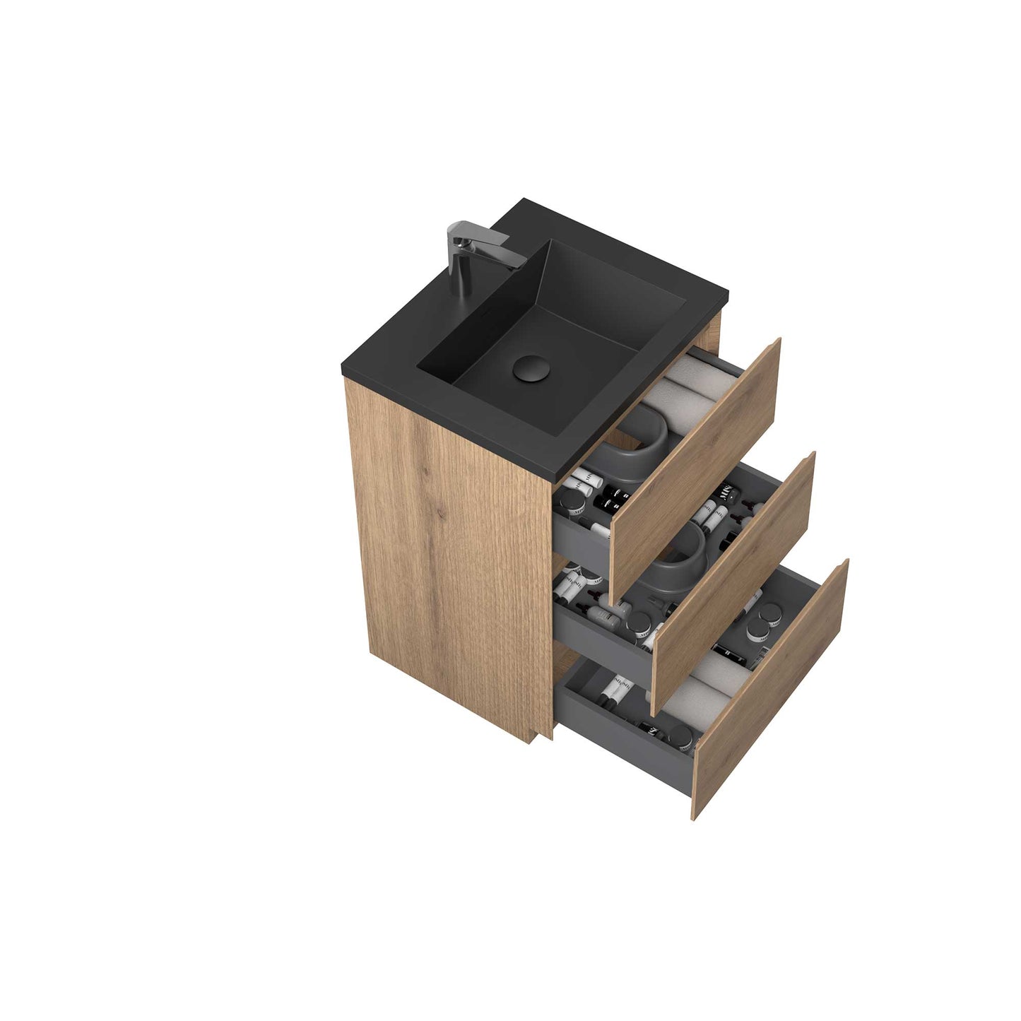 24’’ Freestanding Single Bathroom Vanity in Oak with Black Quartz Integrated Sink - Bathroom Vanities