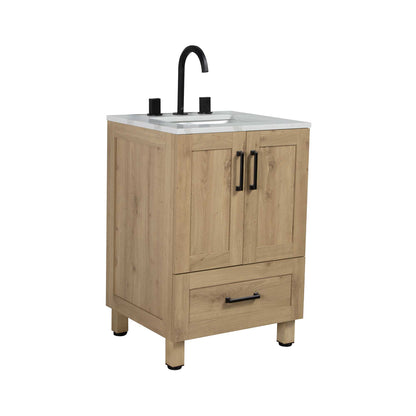 24’’ Freestanding Single Bathroom Vanity in Oak with Quartz Stone Countertop - Bathroom Vanities