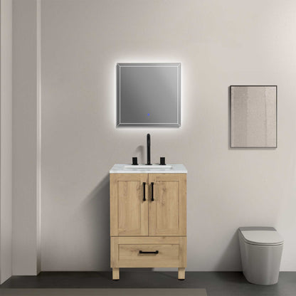 24’’ Freestanding Single Bathroom Vanity in Oak with Quartz Stone Countertop - Bathroom Vanities