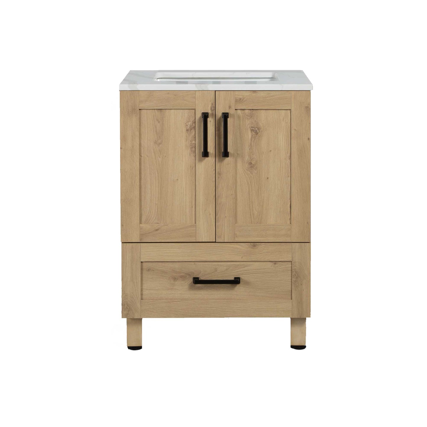 24’’ Freestanding Single Bathroom Vanity in Oak with Quartz Stone Countertop - Bathroom Vanities