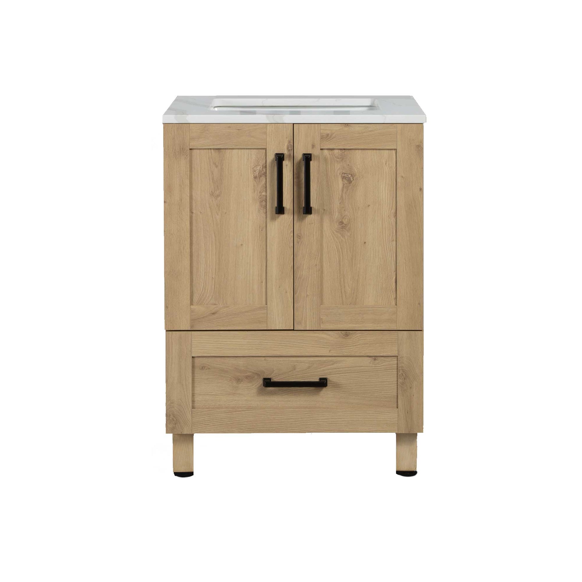 24’’ Freestanding Single Bathroom Vanity in Oak with Quartz Stone Countertop - Bathroom Vanities