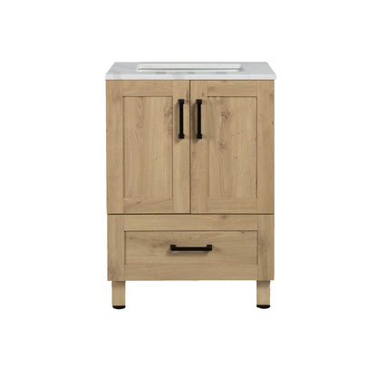 24’’ Freestanding Single Bathroom Vanity in Oak with Quartz Stone Countertop - Bathroom Vanities