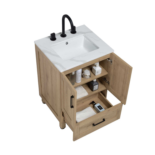 24’’ Freestanding Single Bathroom Vanity in Oak with Quartz Stone Countertop - Bathroom Vanities