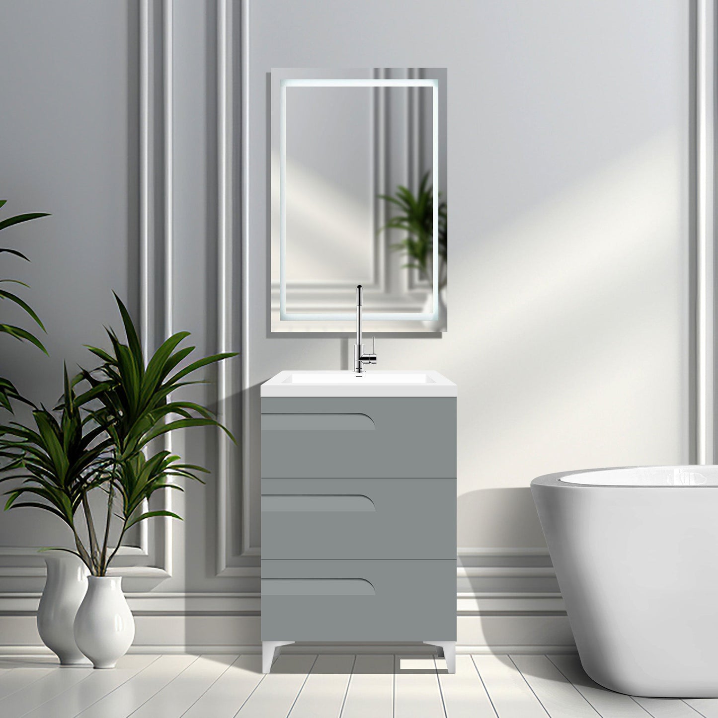 24’’ Freestanding Single Sink Bathroom Vanity in Gray Gloss with Square Counter Top LV7B-24G - Bathroom Vanities