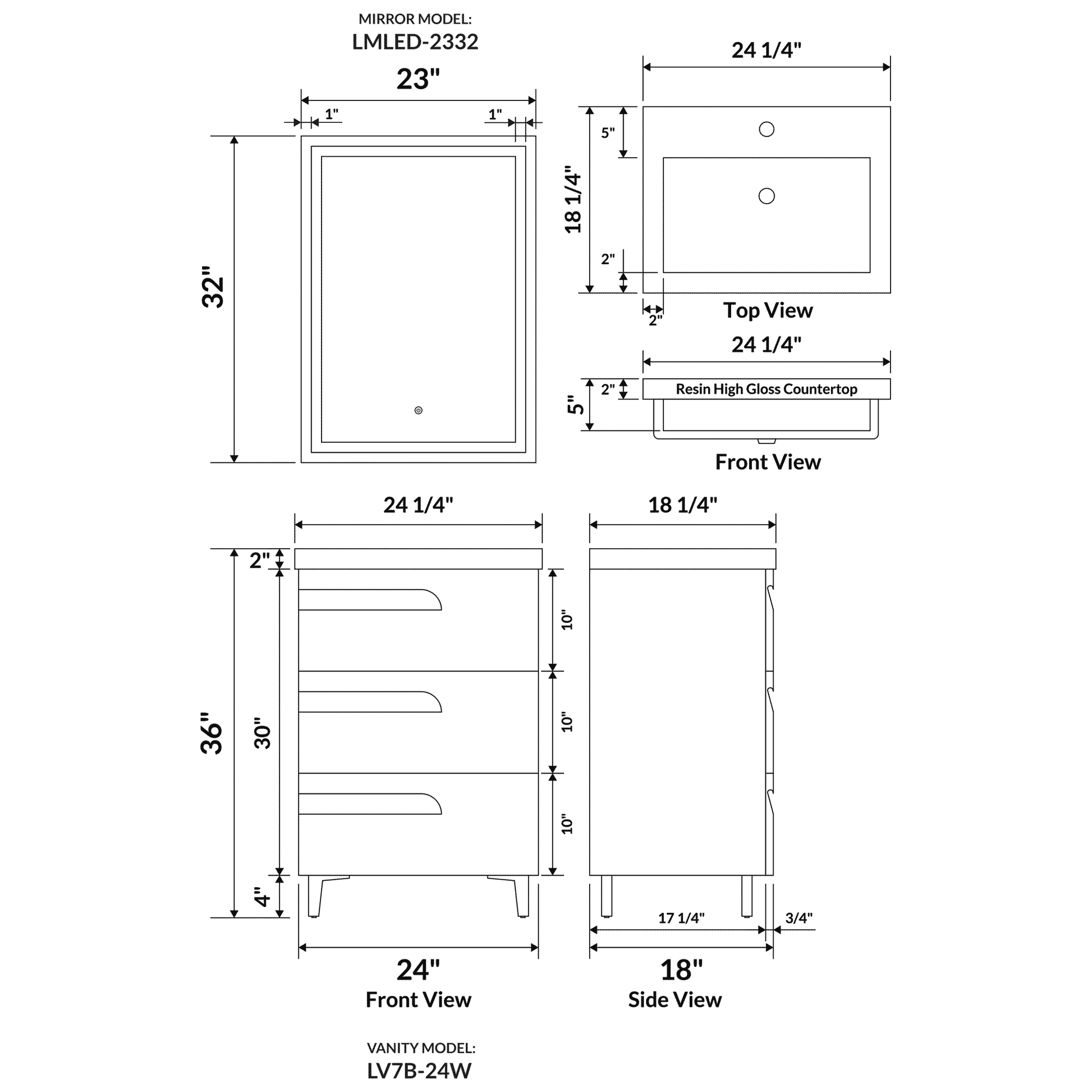 24’’ Freestanding Single Sink Bathroom Vanity in White Gloss with Square Counter Top LV7B-24W - Bathroom Vanities