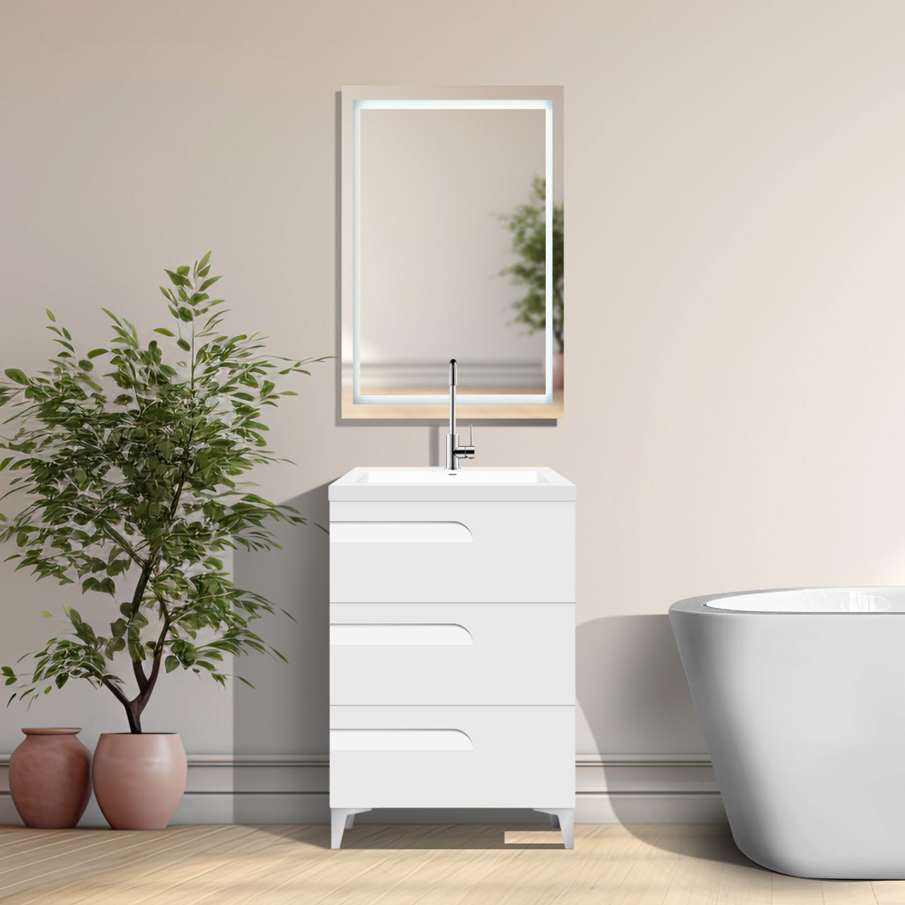 24’’ Freestanding Single Sink Bathroom Vanity in White Gloss with Square Counter Top LV7B-24W - Bathroom Vanities