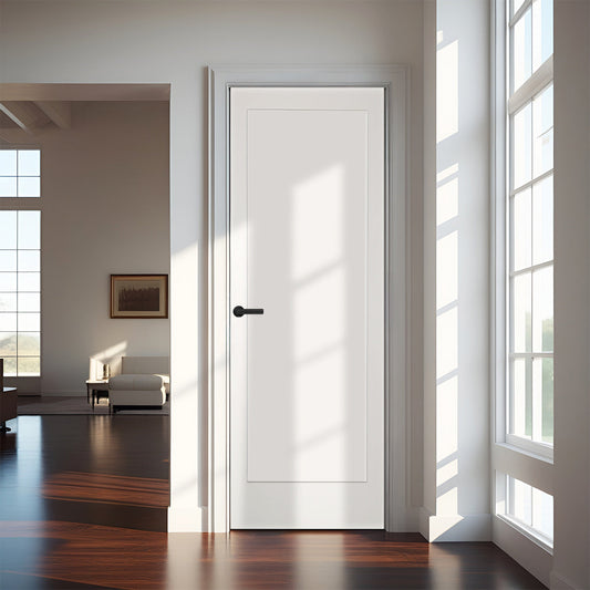 24 in. x 80 in. 1-Panel Shaker Solid Core Primed White MDF Prehung Interior Door with Black Hinges - Interior Doors