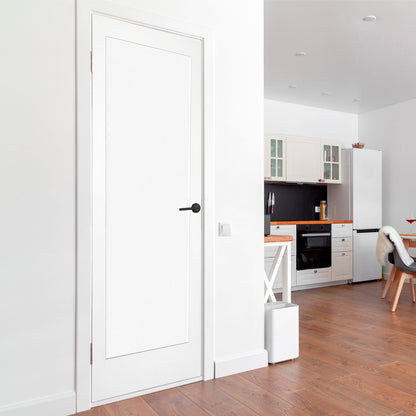 24 in. x 80 in. 1-Panel Shaker Solid Core Primed White MDF Prehung Interior Door with Black Hinges - Interior Doors