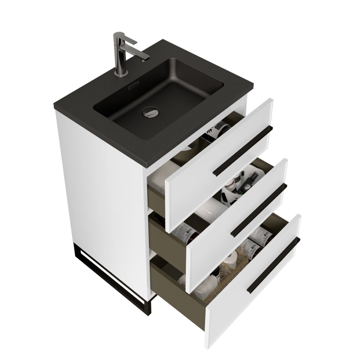 24’’ W Freestanding Single Bathroom Vanity in White Gloss with Matte Black Integrated Sink LV15B-24W - Bathroom Vanities