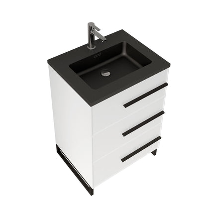 24’’ W Freestanding Single Bathroom Vanity in White Gloss with Matte Black Integrated Sink LV15B-24W - Bathroom Vanities