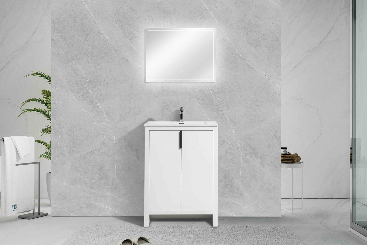 24’’ W Freestanding Single Bathroom Vanity in White Gloss with Quartz Integrated Sink LV14-24W - Bathroom Vanities