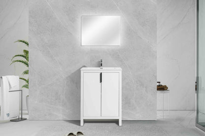 24’’ W Freestanding Single Bathroom Vanity in White Gloss with Quartz Integrated Sink LV14-24W - Bathroom Vanities