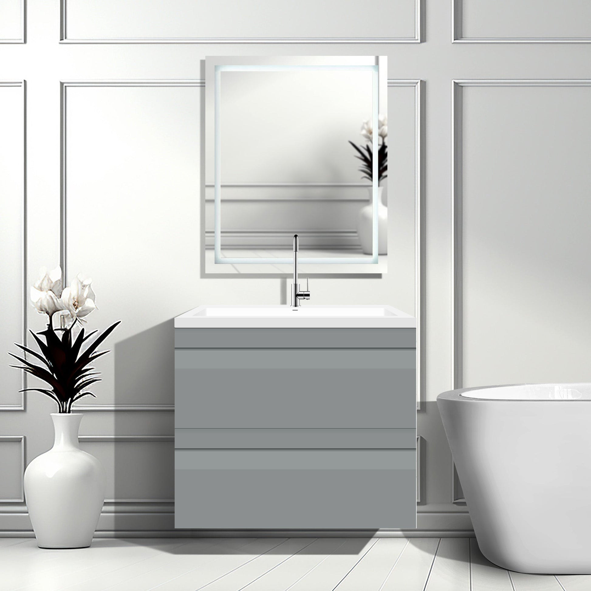 24’’ W Wall-Mount Modern Gray Vanity LV8W-24G with Square Sink Top - Bathroom Vanities