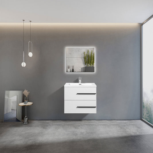 24’’ W Wall Mount Single Bathroom Vanity in White Gloss with White Integrated Sink LV15W-24W - Bathroom Vanities