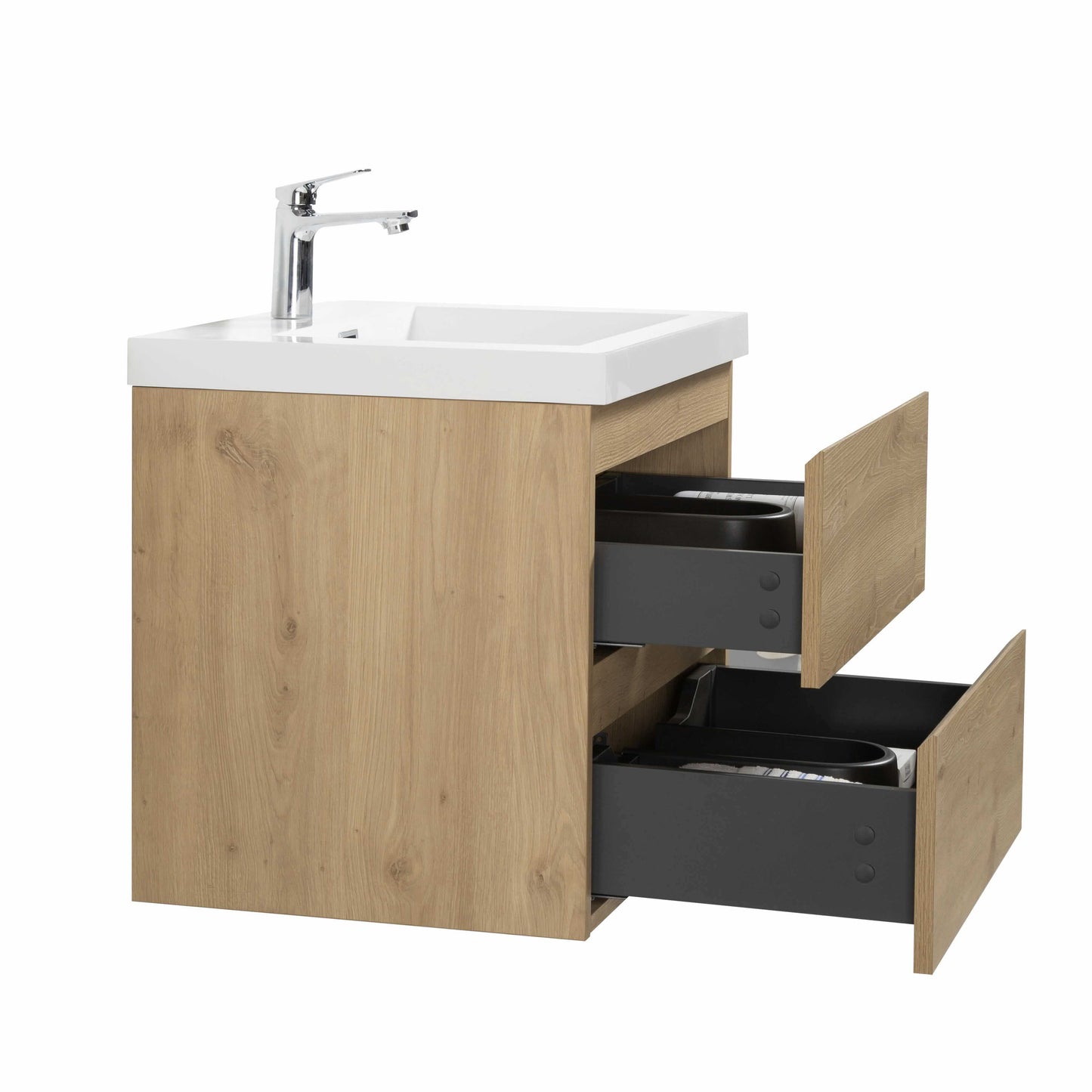 24’’ Wall Mount Single Bathroom Vanity in Oak with White Integrated Sink LV13-24 - Bathroom Vanities