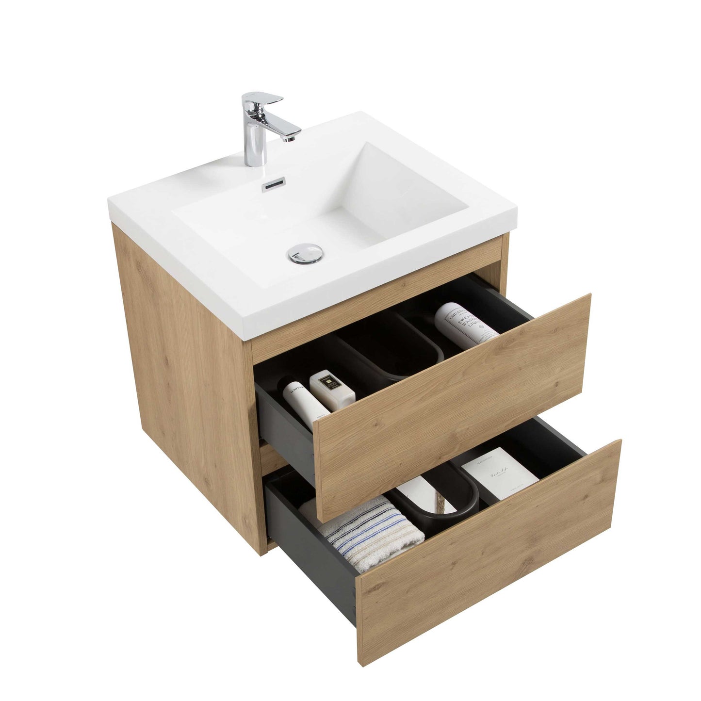 24’’ Wall Mount Single Bathroom Vanity in Oak with White Integrated Sink LV13-24 - Bathroom Vanities