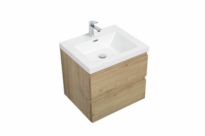 24’’ Wall Mount Single Bathroom Vanity in Oak with White Integrated Sink LV13-24 - Bathroom Vanities