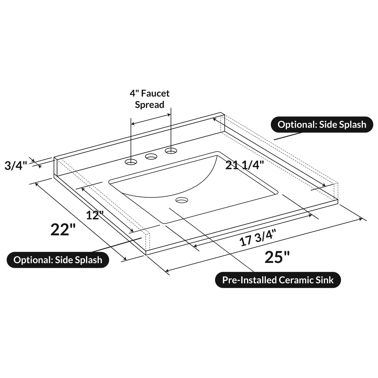 25 W x 22 L Calacatta White Vanity Top with Square Sink - 4 in Faucet Spread - Vanity Tops