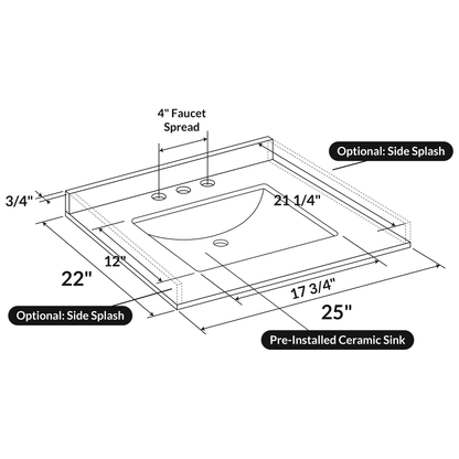 25 W x 22 L Cara White Vanity Top with Square Sink - 4 in Faucet Spread - Vanity Tops