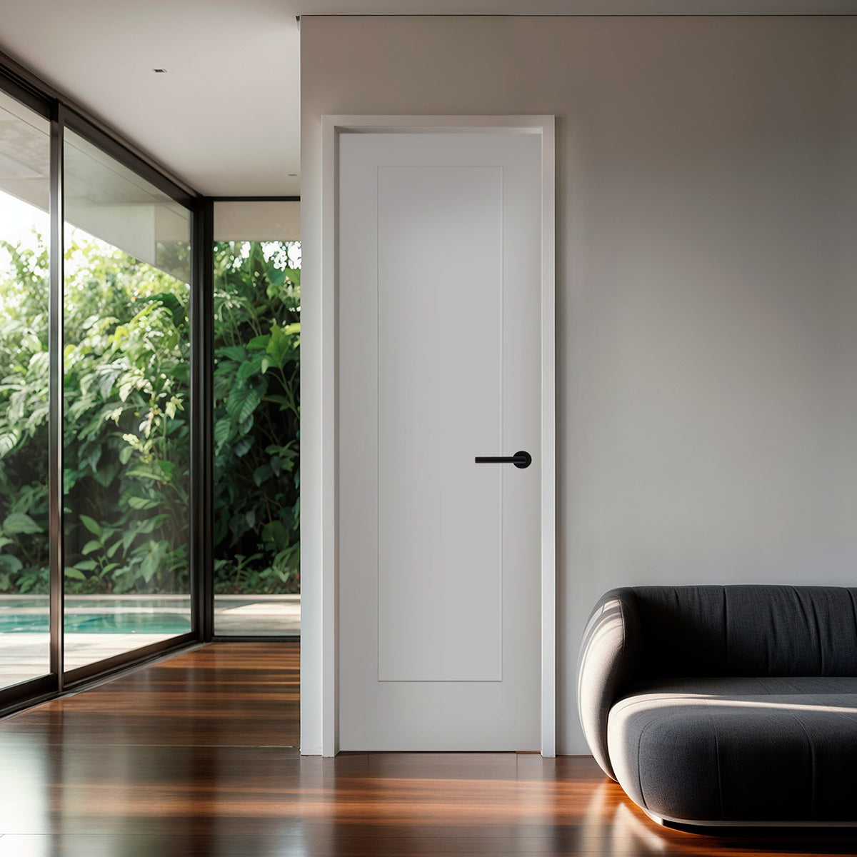 28 in. x 80 in. 1-Panel Shaker Solid Core Primed White MDF Prehung Interior Door with Black Hinges - Interior Doors