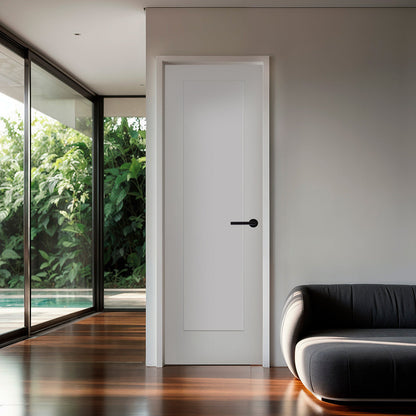 28 in. x 80 in. 1-Panel Shaker Solid Core Primed White MDF Prehung Interior Door with Black Hinges - Interior Doors