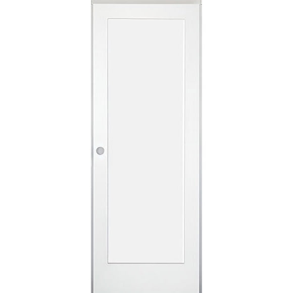 28 in. x 80 in. 1-Panel Shaker Solid Core Primed White MDF Prehung Interior Door with Black Hinges - Right-Handed