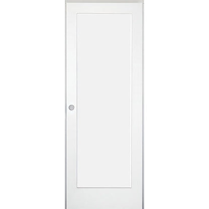 28 in. x 80 in. 1-Panel Shaker Solid Core Primed White MDF Prehung Interior Door with Black Hinges - Right-Handed