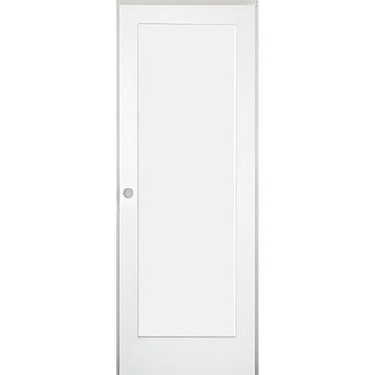 28 in. x 80 in. 1-Panel Shaker Solid Core Primed White MDF Prehung Interior Door with Black Hinges - Right-Handed