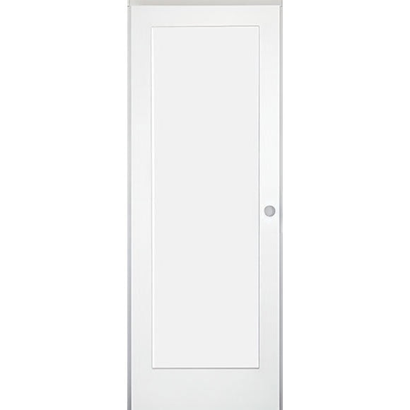 28 in. x 80 in. 1-Panel Shaker Solid Core Primed White MDF Prehung Interior Door with Black Hinges - Left-Handed
