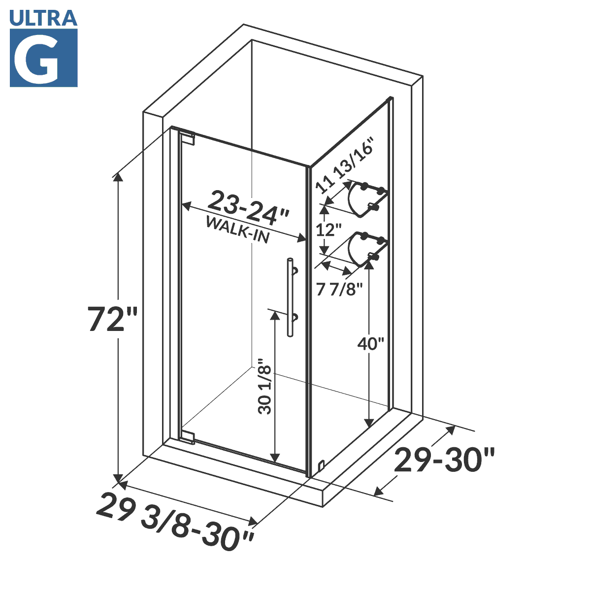 29 3/8-30 W x 72 H  x 29-30 D Swing-Out Shower Enclosure ULTRA-G