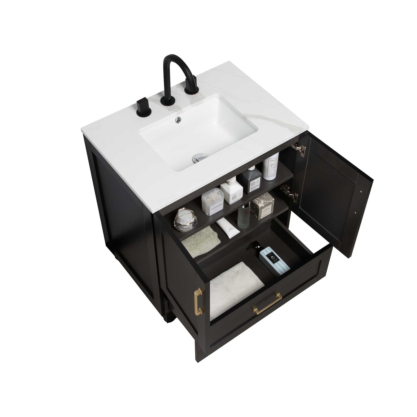 30’’ Freestanding Bathroom Black Vanity with Quartz Countertop - Bathroom Vanities