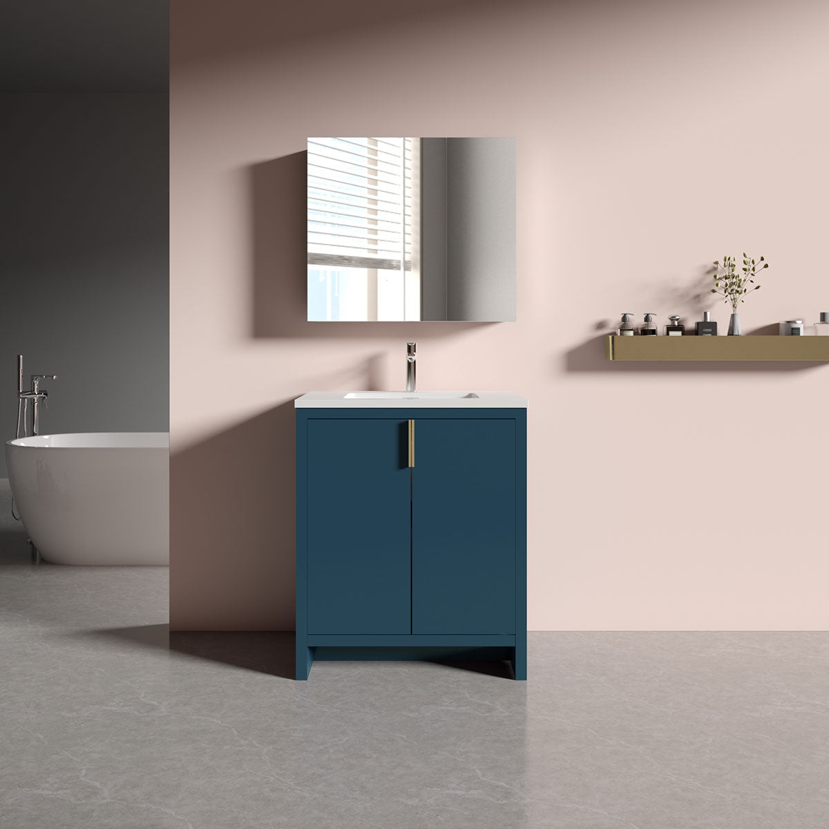 30’’ Freestanding Single Bathroom Vanity in Blue with White Quartz Integrated Sink LV14-30B - Bathroom Vanities