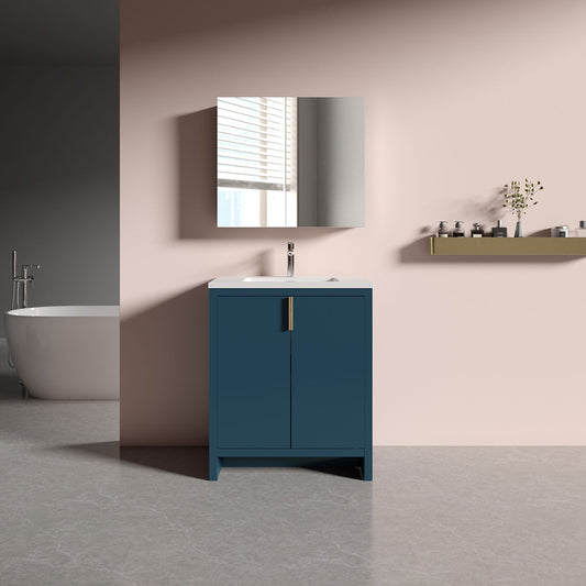 30’’ Freestanding Single Bathroom Vanity in Blue with White Quartz Integrated Sink LV14-30B - Bathroom Vanities