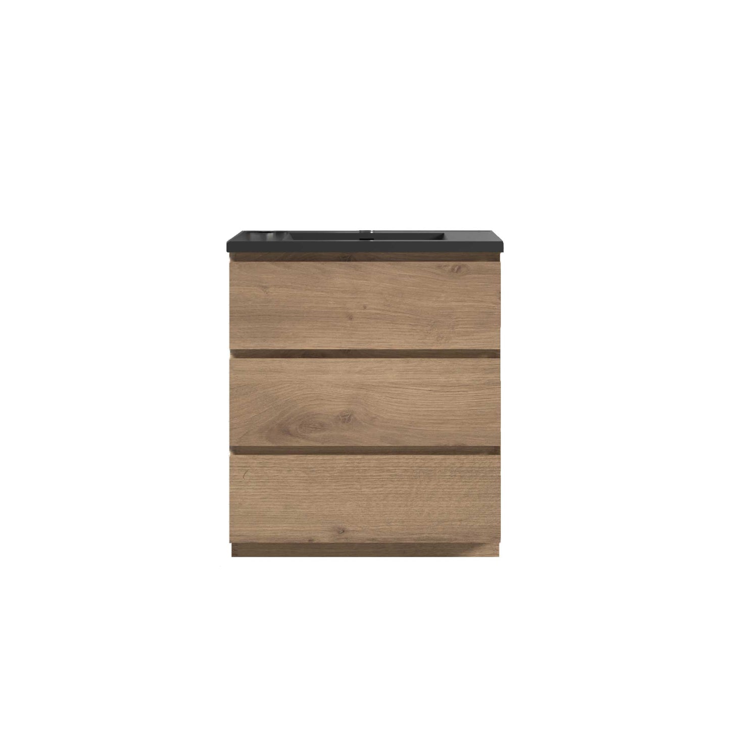 30’’ Freestanding Single Bathroom Vanity in Oak with Black Quartz Integrated Sink - Bathroom Vanities