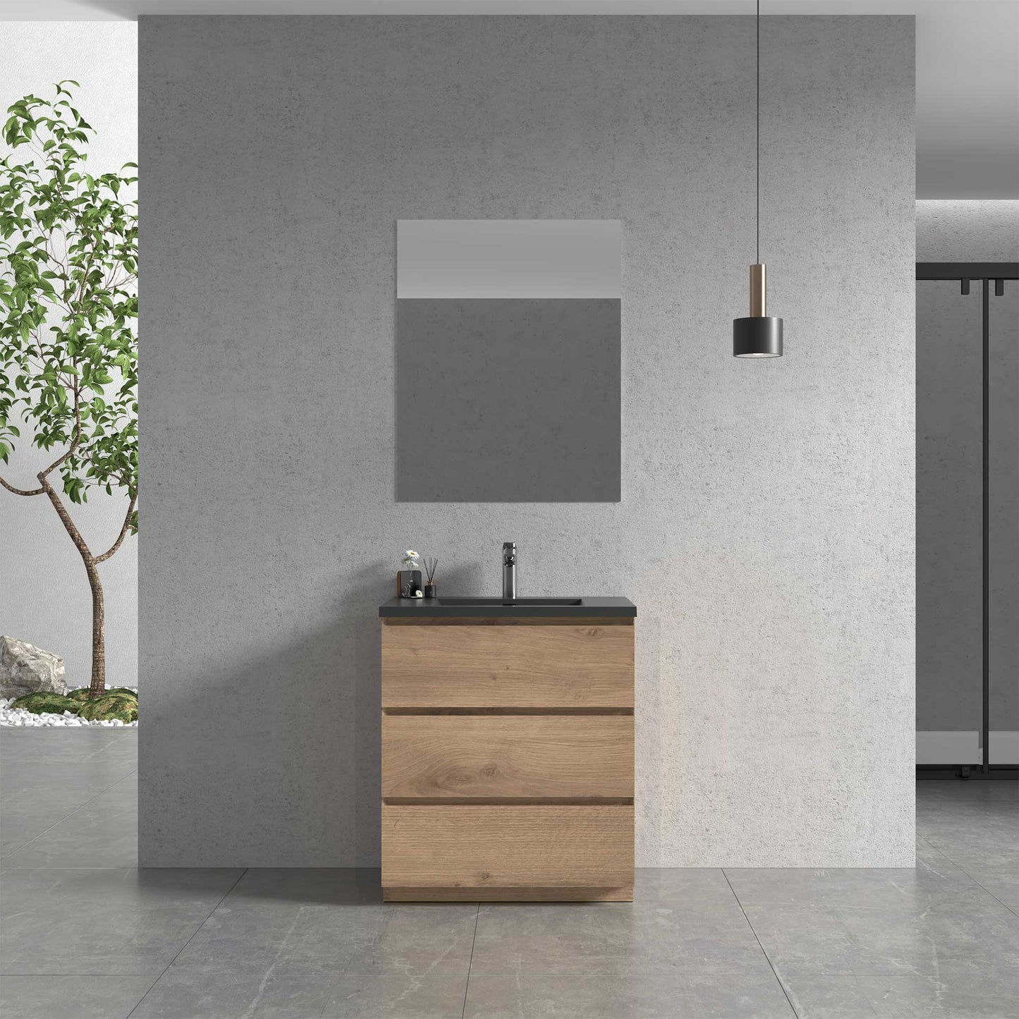 30’’ Freestanding Single Bathroom Vanity in Oak with Black Quartz Integrated Sink - Bathroom Vanities