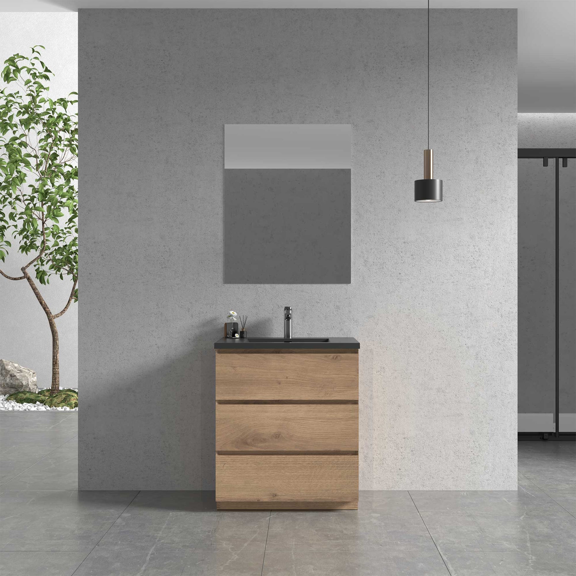 30’’ Freestanding Single Bathroom Vanity in Oak with Black Quartz Integrated Sink - Bathroom Vanities