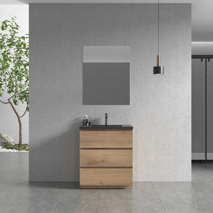 30’’ Freestanding Single Bathroom Vanity in Oak with Black Quartz Integrated Sink - Bathroom Vanities