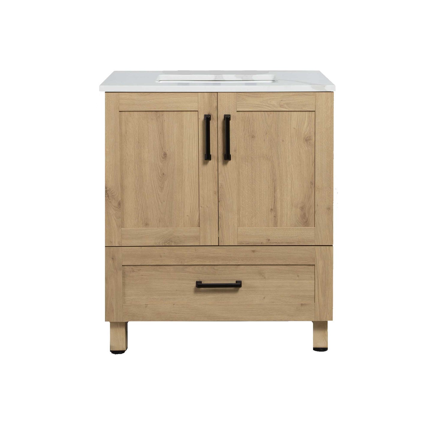 30’’ Freestanding Single Bathroom Vanity in Oak with Quartz Stone Countertop - Bathroom Vanities