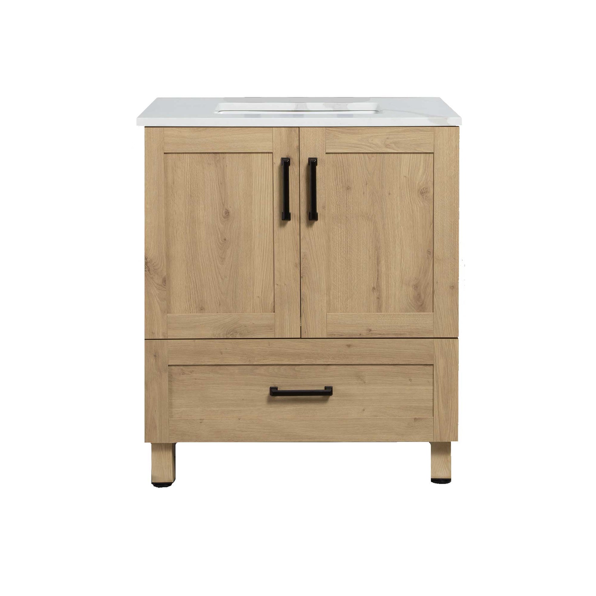 30’’ Freestanding Single Bathroom Vanity in Oak with Quartz Stone Countertop - Bathroom Vanities