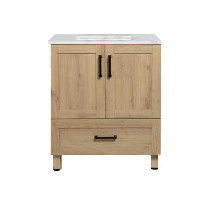 30’’ Freestanding Single Bathroom Vanity in Oak with Quartz Stone Countertop - Bathroom Vanities