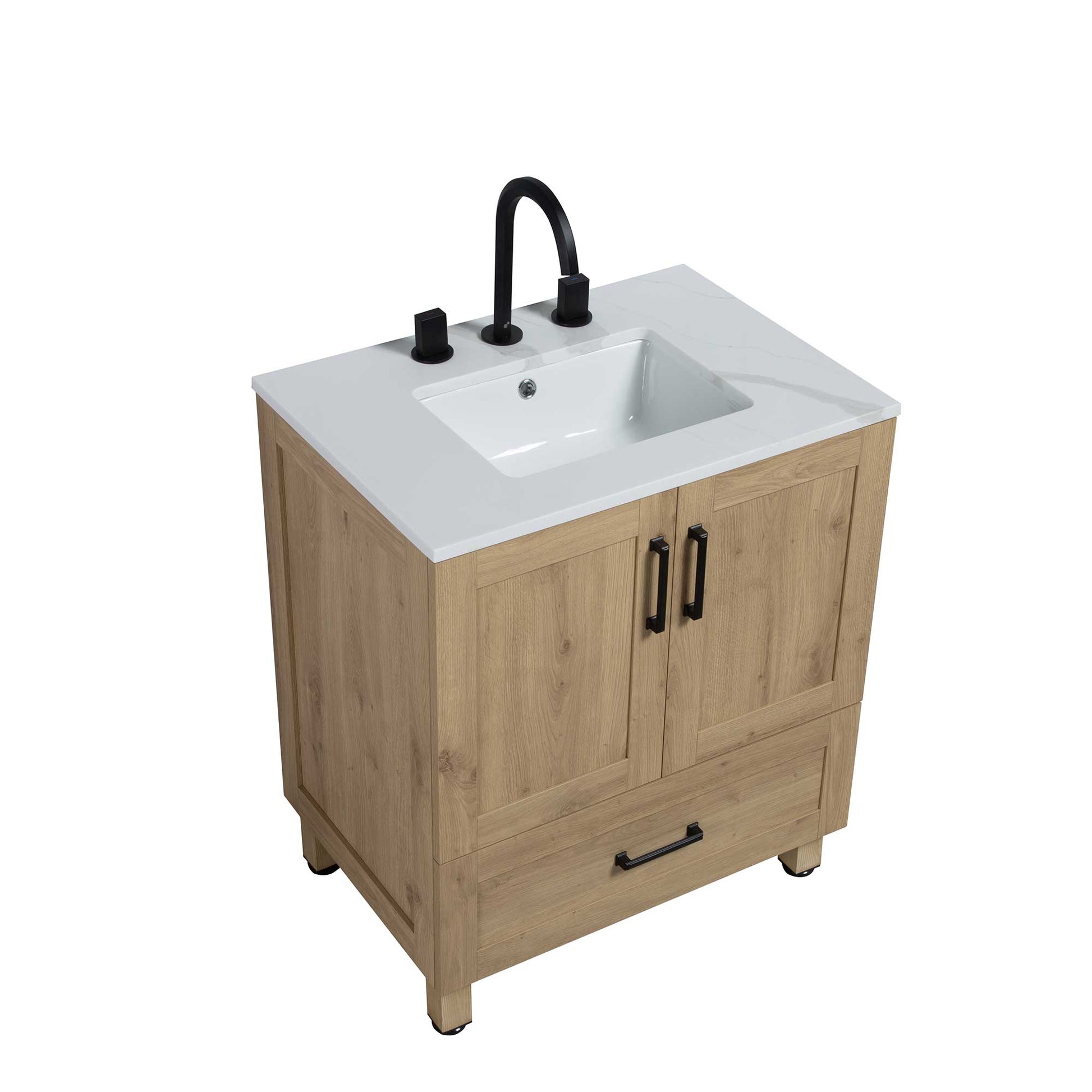 30’’ Freestanding Single Bathroom Vanity in Oak with Quartz Stone Countertop - Bathroom Vanities