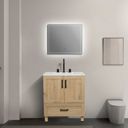 30’’ Freestanding Single Bathroom Vanity in Oak with Quartz Stone Countertop - Bathroom Vanities