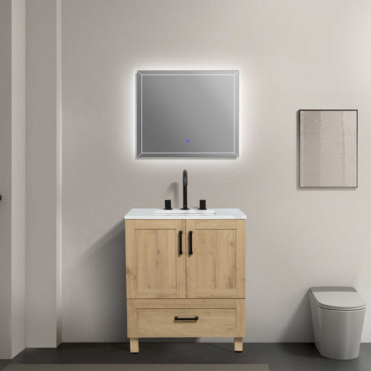 30’’ Freestanding Single Bathroom Vanity in Oak with Quartz Stone Countertop - Bathroom Vanities