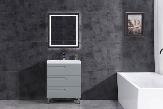 30’’ Freestanding Single Sink Bathroom Vanity in Gray Gloss with Square Counter Top LV7B-30G - Bathroom Vanities