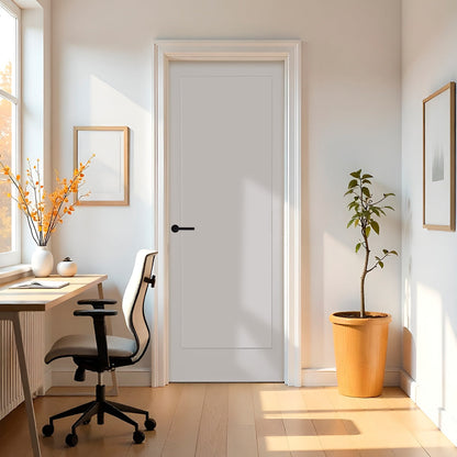 30 in. x 80 in. 1-Panel Shaker Solid Core Primed White MDF Prehung Interior Door with Black Hinges - Interior Doors