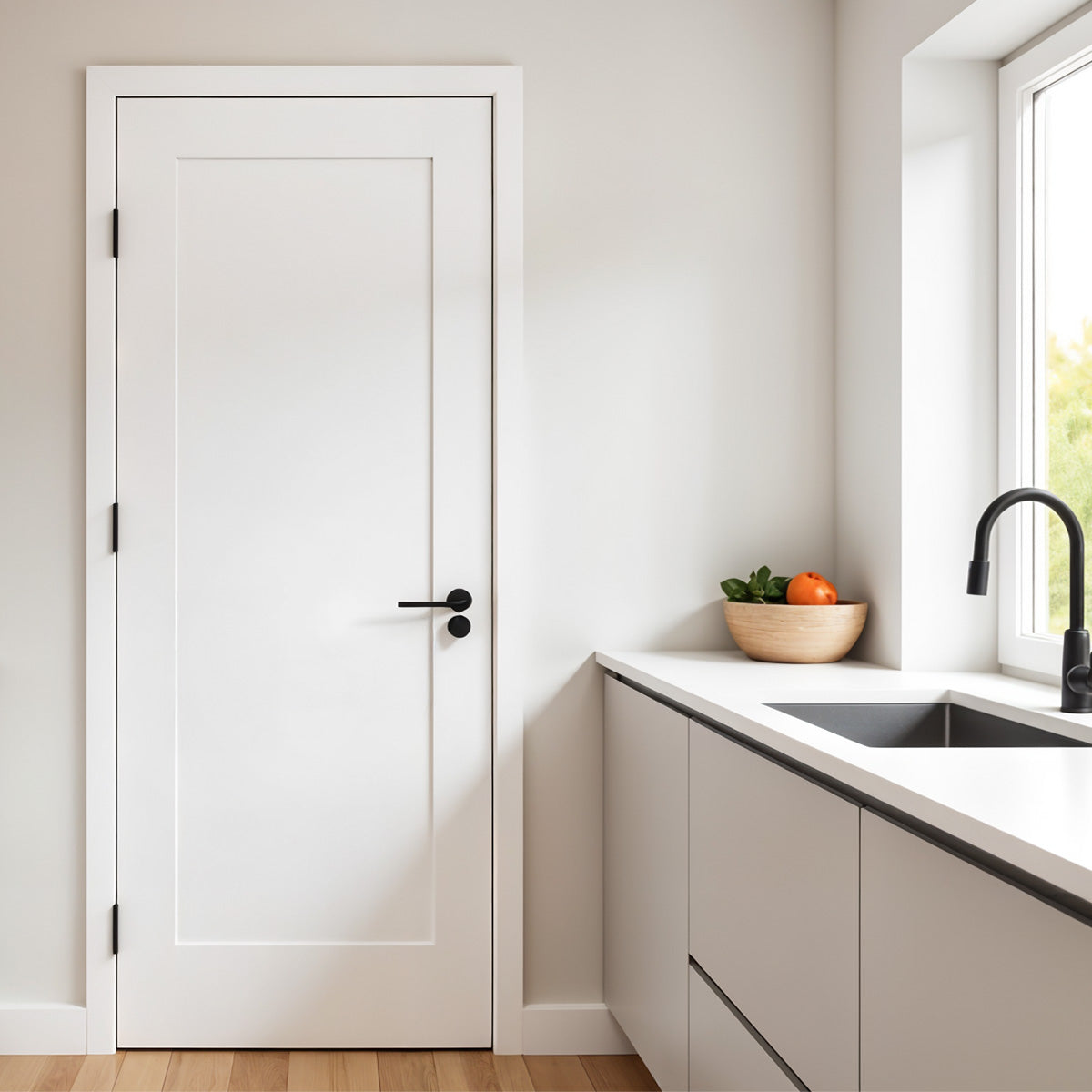 30 in. x 80 in. 1-Panel Shaker Solid Core Primed White MDF Prehung Interior Door with Black Hinges - Interior Doors