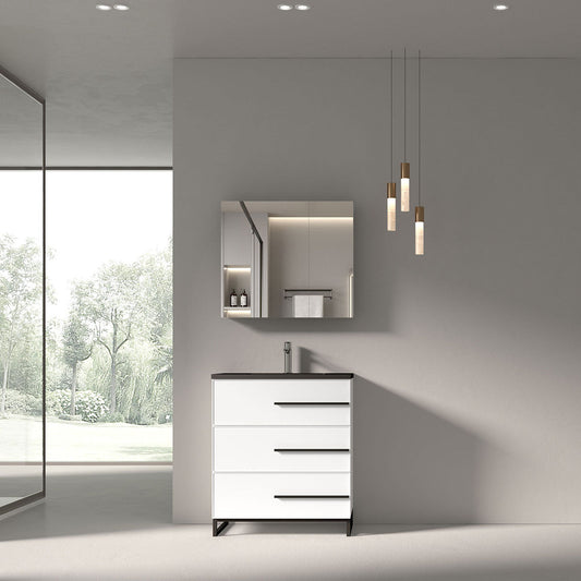 30’’ W Freestanding Single Bathroom Vanity in White Gloss with Matte Black Integrated Sink LV15B-30W - Bathroom Vanities