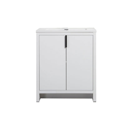 30’’ W Freestanding Single Bathroom Vanity in White Gloss with Quartz Integrated Sink LV14-30W - Bathroom Vanities