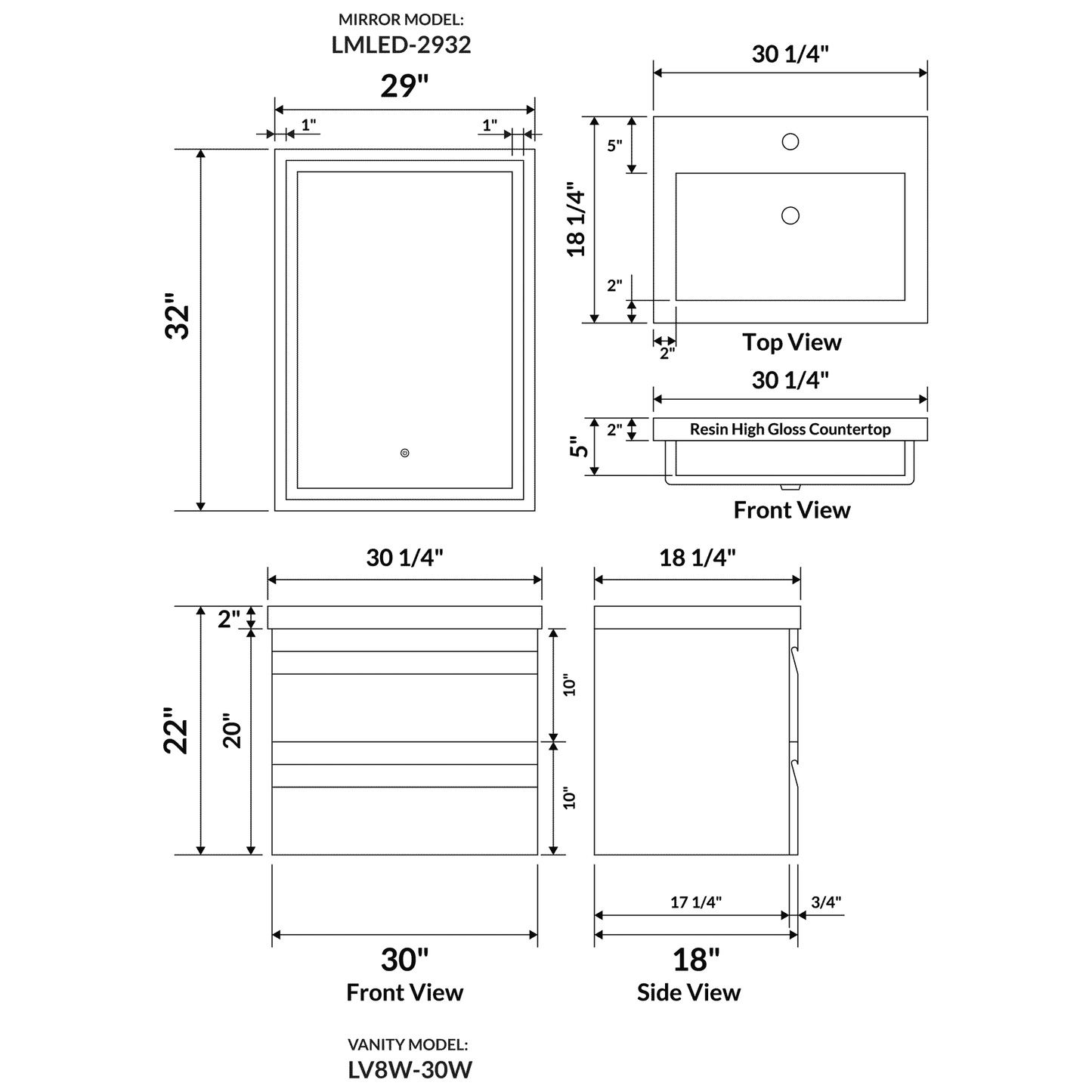 30’’ W Wall-Mount Modern Gray Vanity LV8W-30G with Square Sink Top - Bathroom Vanities
